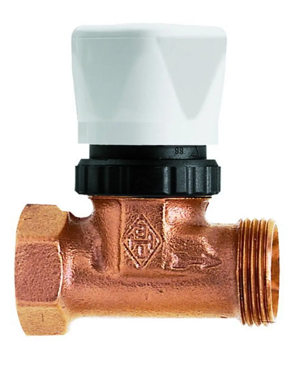 Vorlauf-Regulierventil aus Messing mit einem weißen Handregulierventil von IMI Hydronic Engineering, mit einem Gewindeanschluss für die Installation in Heizungsanlagen.